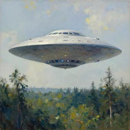 a massive ufo spaceship flying above a forest, impressionist painting