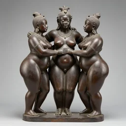 sculpture of 3 beautiful sensual fat black deities touching together, museum artifact