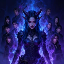 a beautiful portrait of a young Demon women engulfed in deep blue and purple flames by Greg Rutkowski, Sung Choi, Mitchell Mohrhauser, Maciej Kuciara, Johnson Ting, Maxim Verehin, Peter Konig, Bloodborne , 8k photorealistic, cinematic lighting, HD, high details, atmospheric , trending on artstation