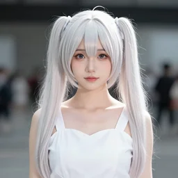 a high definition photo of a young cosplayer with twin tails, wearing white dress, symmetric and beautiful face, photo taken with Sony a7R, Unreal Engine 5, 8k, HD