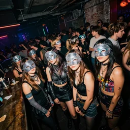 photograph of a retro techwear female group near the bar of a packed busy rundown nightclub, lots of people, sharp and sparkly masks, retrofuturism, brutalism, cyberpunk, sigma 85mm f/1.4, 15mm, 35mm, tilted frame, long exposure, 4k, high resolution, 4k, 8k, hd, wide angle lens, highly detailed, full color, harsh light and shadow