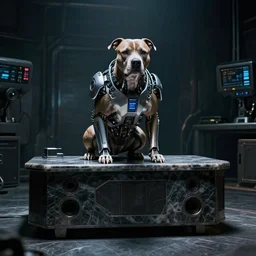 cyborg - pitbull mr. worldwide in a marble server room, in 2 0 5 5, y 2 k cybercore, industrial low - light photography, still from a ridley scott movie