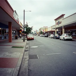 washed out 1 9 6 7 kodachrome photo of a suburban shopping mall