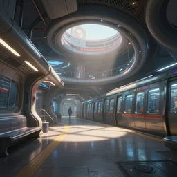 Futuristic cyber subway station , Pixar style by Tristan Eaton_Stanley Artgerm and Tom Bagshaw