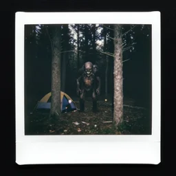 terrifying creature, polaroid photos, trail camera photo, strange creatures hiding in the woods, people in a tent afraid, no sun, no dof
