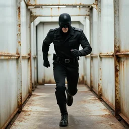 a portrait by ralph mcquarrie of a stealthy slick uniformed thief that is running through white rusted metal corridors