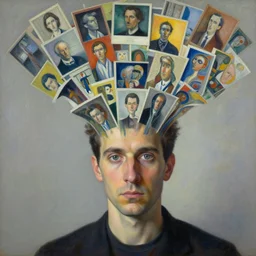 highly detailed painting of a man with flow of images emanating from his head in the style of lucein freud
