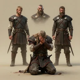 aesthetic 3 d model of a disheartened viking warrior on his knees by anne stokes, greg rutkowski, and brian belledin : 1 | dirty bloody, concept art, character concept, matte background, golden ratio, rule of thirds, unreal engine, finalrender, centered, deviantart : 0. 9 | fantasy, artgerm, and larry elmore : 0. 5