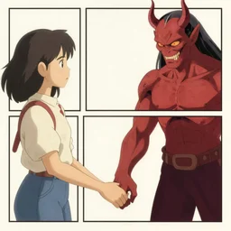 a young girl holds hands with a demon, 3 panels, webtoon art by anton fadeev and ghibli and wlop!