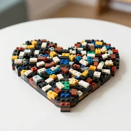 pile of lego bricks in the shape of a heart, on a white table