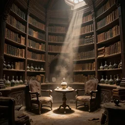 the old library of an archmage, dusty, godrays, dusty books, bookcases, potion bottles, chairs, dnd fantasy