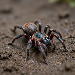 action photography, long shot, dark and rainy, award winning macro photo of an ultra detailed intricate tiny muddy robotic tarantula running very fast on mud, dirt and dust, fast shutter speed, motion blur, tiny gaussian blur, highly detailed, highly intricate, depth of field, national geographic