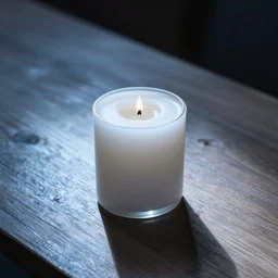 a white candle on a wooden table. cool lighting