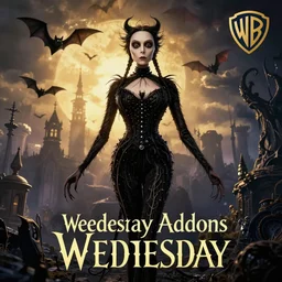 wednesday addams by tim burton, stillframe, dark, beautifull hyper realistic, beauty, golden hour, gorgeous lighting by kim jung giu weta studio, warner studio, promotionnal, bats