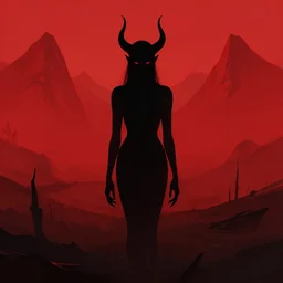 horror art, minimalist demon, red peaks in the background, art by ismail inceoglu