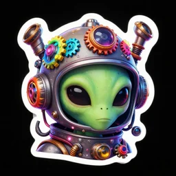sticker art of a realistic cute alien head with a steampunk space helmet with multicolored glowing gears and tubes and cables, crisp, trippy, fluorescent colors, insanely detailed, 3 d render, front shot, 3 5 mm