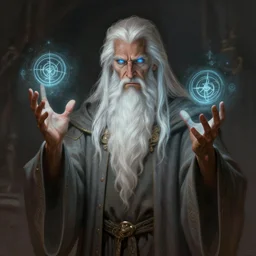 medium - length portrait of a male wizard, arcane sigils hovering over his hands, with long white hair and glowing blue eyes, long white beard, dark brown skin, stern expression, wears a long robe, medieval setting, dramatic pose, highly detailed, digital painting, artstation, concept art, sharp focus, illustration, art by greg rutkowski and alphonse mucha