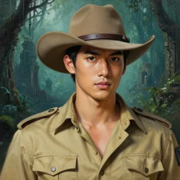 the most famous and smart and handsome thai actor dressed as hunter in armed, close - up portrait, with 6 0 s khaki western hat, khaki safari hunter costume, ancient spooky ruin in the rainforest in background, intricate, elegant, loin cloth, highly detailed, oil painting, artstation, concept art, matte, sharp focus, illustration, hearthstone, art by earl norem and lixin yin