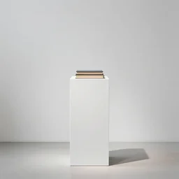 a pedestal with a book inside a white plain room +