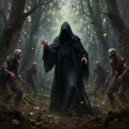 ''cinematic shot'' dark hooded mage ( spectre ) using his magic to create zombies in the dead forest with leaves falling simetrical 8 k atmosferic realistic made by ivan aivazovsky, peter mohrbacher, greg rutkowski volumetric light effect broad light oil painting painting fantasy art style sci - fi art style realism premium prints available artwork unreal engine