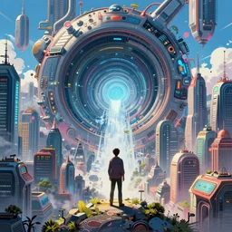 alone person facing the desperate call of the void, futuristic cityscape, unreal 5 render, vivid colors, high detail, clear weather, studio ghibli, history painting, digital art, octane render, beautiful composition, trending on artstation, award - winning photograph, masterpiece