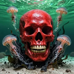 a red cthulhu skull in a green sea enveloped by jellyfish tendrils and black seaweed by josan gonzalez and dan mumford, highly detailed, high contrast