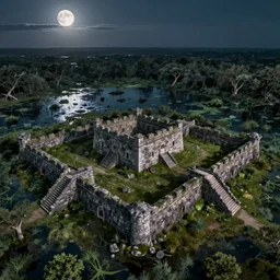 aerial view of a stone fort sitting above a cursed swamp in the moonlight, by alan lee by peter mohrbacher, trending on artstation sharp focus vfx key shot
