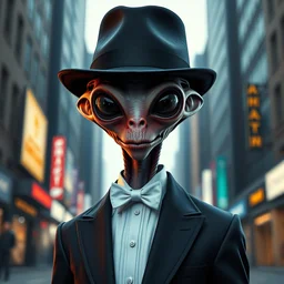 an alien wearing a tuxedo and a bowler hat, in a city, photorealistic, ultra high resolution, ultra detailed, 8 k