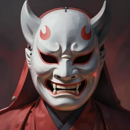 samurai in oni mask, soft grey and red tone, volumentric light, full frame, intricate, digital painting, artstation, concept art, smooth, sharp focus, illustration, art by greg rutkowski and luis rollo and uang guangjian and gil elvgren, symmetry!