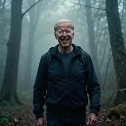 joe biden seein in the foggy woods with a devilish grin in his face in the new horror movie, creepy