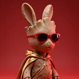 rabbit groot as marble statue with sunglasses, red sunglasses, in red background, soft red texture, red realistic 3 d render, high red lights, 4 k, high detailed photography very gold cape, 5 0 mm lens, rich red colors, smooth gradients, depth of field, cinematic, hyper realism, high detail, octane render, unreal engine, 8 k very red colors