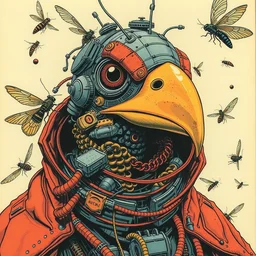 risograph grainy drawing vintage sci - fi, satoshi kon color palette, arzach bird covered with robot parts and wires, wearing futuristic layered scaphander with lot tentacles, insects and dragonflies around, painting by moebius and satoshi kon and dirk dzimirsky close - up portrait