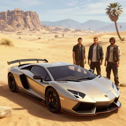 highly detailed lamborhini in a desert, in gta v, stephen bliss, unreal engine, fantasy art by greg rutkowski, loish, rhads, ferdinand knab, makoto shinkai and lois van baarle, ilya kuvshinov, rossdraws, tom bagshaw, global illumination, radiant light, detailed and intricate environment