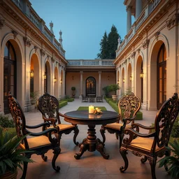 a baroque terrace, garden, clean architecture, intricate royal chairs and a dark brown wooden baroque round table, candle, some fresh plants, daylight, peaceful, 8 k octane render