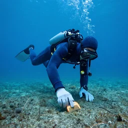 humanoid entity in a diving suit, combing the ocean floor