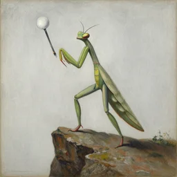man wearing a praying mantis costume standing on a cliff brandishing an orb uni-ball palette knife Bastien Lecouffe-Deharme j.c. leyendecker eleanor fortescue-brickdale encaustic silverpoint