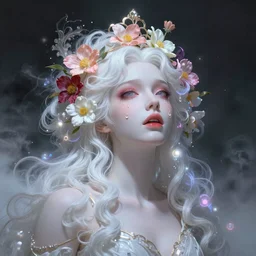 a colorful and vibrant majestic white queen open wide eyes drops a tearwith flowers on her hair, glowing light orbs, intricate concept art, elegant, digital painting, smooth, sharp focus, ethereal opalescent mist, outrun, vaporware, cyberpunk darksynth, ethereal, ominous, misty, 8 k, by ruan jia and miho hirano, 8 k, rendered in octane