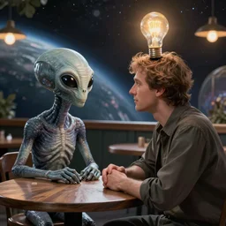 gray alien having a conversation with a man with a light bulb for a head in a cafe in outer space.