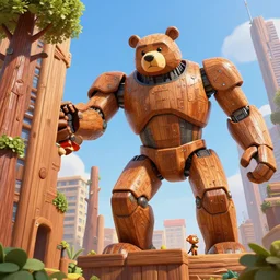 giant wooden mecha bear attacking wooden tree skyscraper, octane render, 3 d pixar disney digital cgi rtx hdr painting, highly detailed, artstation cgsociety masterpiece, by syd mead, greg rutkowski, wlop, artger