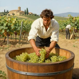 handsome man stomping grapes in a large wooden vat, near a vineyard, tuscan village painting by gaston bussiere, craig mullins, j. c. leyendecker