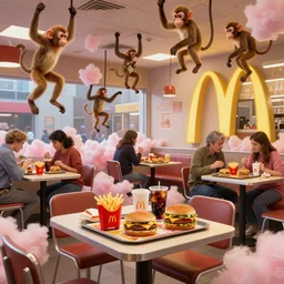 interior of mcdonald's restaurant, tables with trays with mcdonald's fries, burgers, cheeseburgers and cola on them ; people sitting at the table and eating ; the floor is covered in cotton candy and monkeys hang from the ceiling