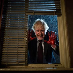 a photo taken from the inside of an old house, showing window blinds being pulled back to reveal a terrifying boris johnson with his unhinged face pressed against the window and his bloody hands placed on the window, horrifying grin. horror, raining, night time, zoomed out