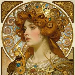 realistic detailed face profile portrait of a beautiful young medieval queen by Alphonse Mucha, Greg Hildebrandt, and Mark Brooks, gilded details, spirals, Neo-Gothic, gothic, Art Nouveau, ornate medieval religious icon