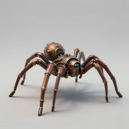 3d game art of steampunk spider, game character design, articulated joints, detailed, blank background