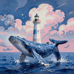 whale, sea, a lighthouse made of glass, cloud, oil painting, blue and pink intricate, wide view, by danton fadeev