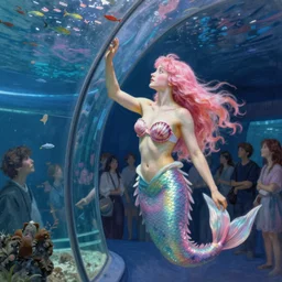 impressionistic portrait of a pink haired mermaid wearing a shell bra banging on the glass cover of a public aquarium as a crowd watches in the style of john william waterhouse, Okinawa Churaumi Aquarium, spotlight