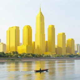 a man on a small boat on a river with yellow gigantic city by mandelbrot neoclassical architecture, ancient high buildings, vertical classical temples, cinestill 8 0 0 t, mandelbrot fractal style