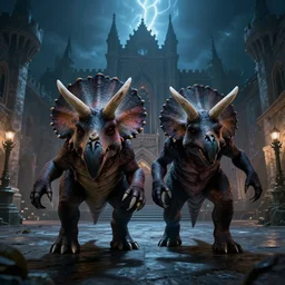 super realistic digital illustration of a couple zombie triceratops on a medieval palace courtyard at night, menacing, scary, powerful, high quality, epic, dnd, fantasy art, artstation, dramatic lightning, symmetrical
