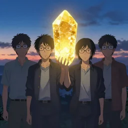 four men with their faces hidden standing next to each other, they all wear glasses and the leader holds up a large rough yellow crystal as a show of unity, twilight, dusk, poster art by makoto shinkai, featured on pixiv, environmental art, official art, anime, movie poster