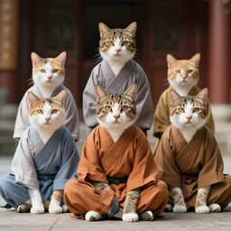 real cats dressed as shaolin monks, 4k